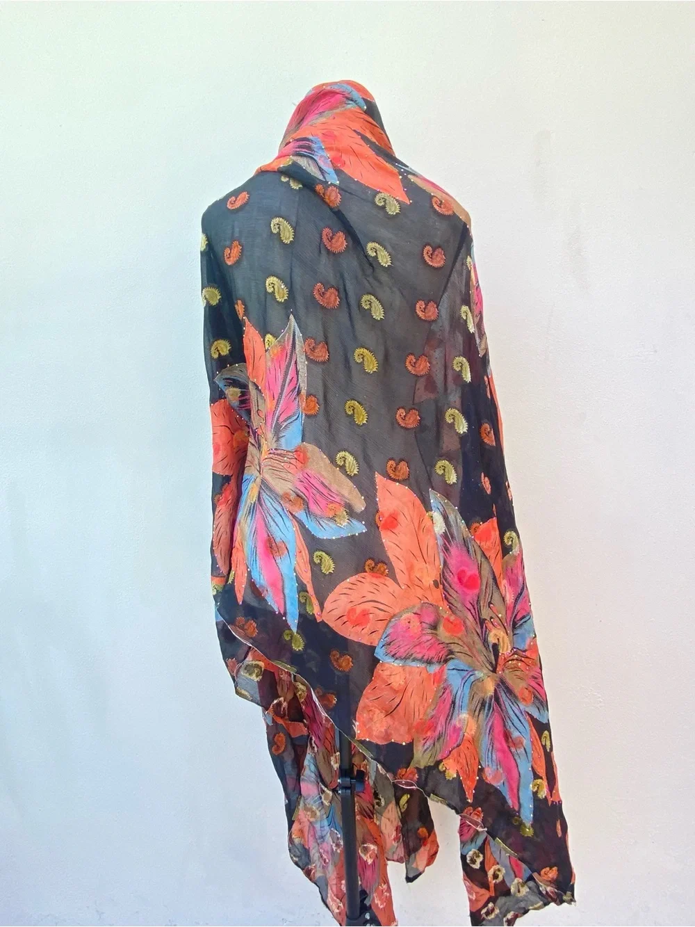 Whimsy 100% Silk Black Multicolor Floral Paisley Embroidered Rhinestone Shawl